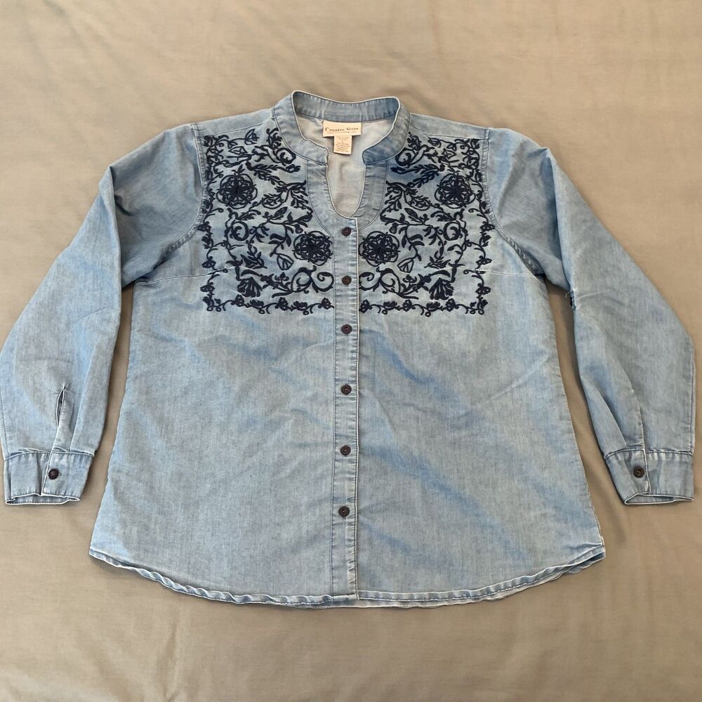 Country‎ Store Shirt Womens Large Blue Embroidered Denim Button Front Floral Top